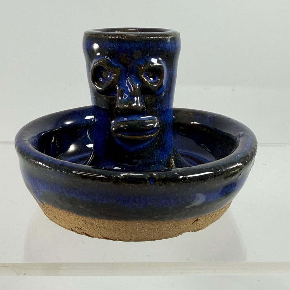 Ugly Face Folk Art Pottery Cobalt Blue Candle Holder Ring Trinket Dish Clay